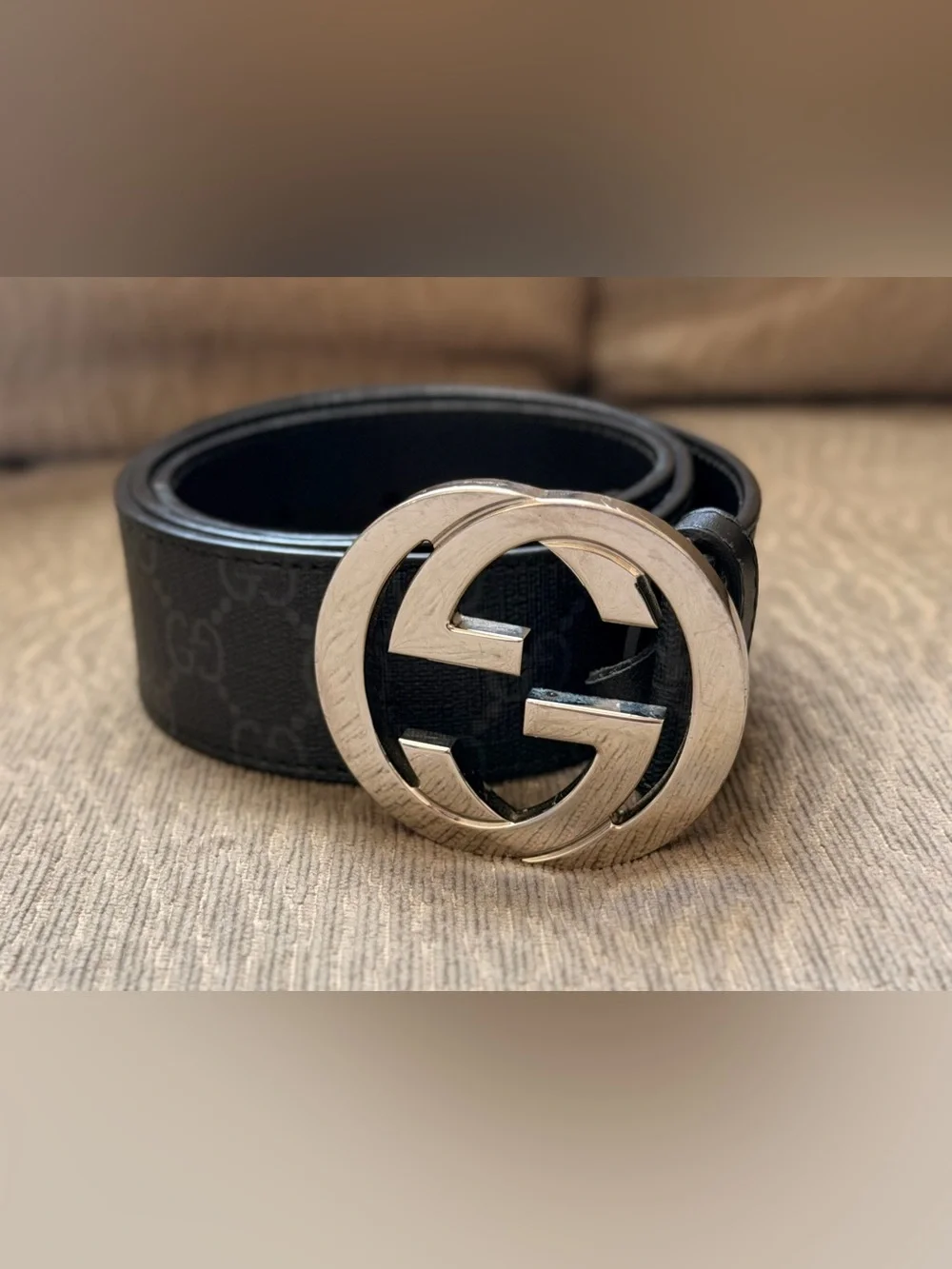 Gucci Black Monogram Leather Belt with Silver Interlocking G Buckle